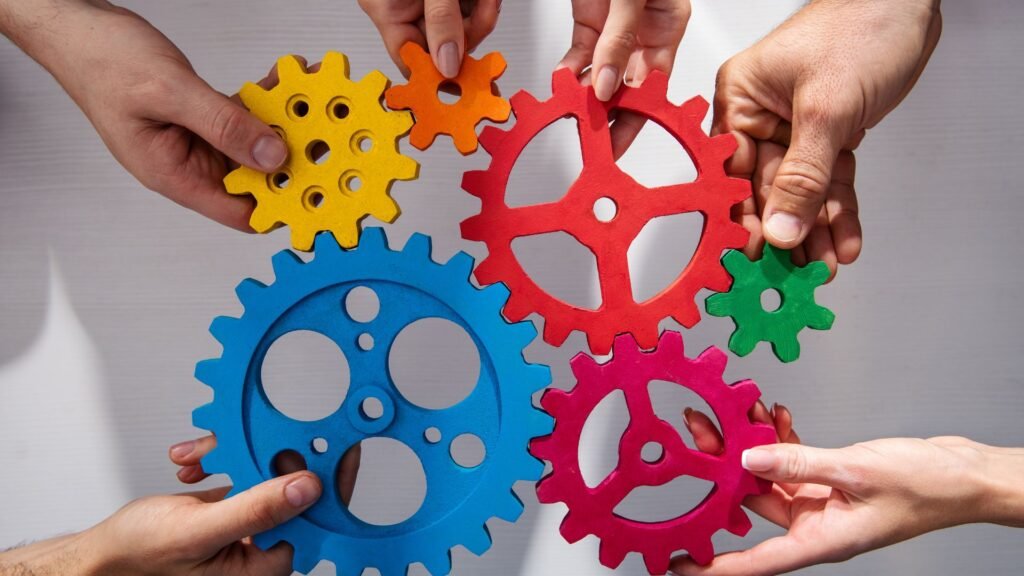 Business Team Connect Pieces of Gears. Teamwork, Partnership and Integration Concept