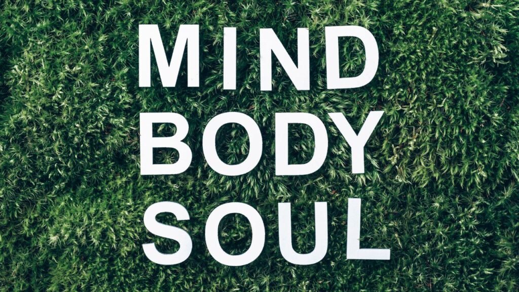 Words Body, Mind, Spirit and Soul on Moss, Green Grass Background. Top View. Copy Space. Banner. Biophilia Concept. Nature Backdrop. Work Life Balance Concept