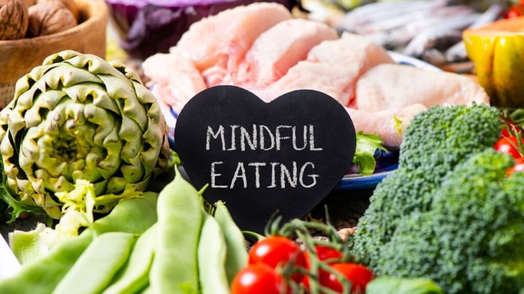 Vegetables, Chicken and Text Mindful Eating