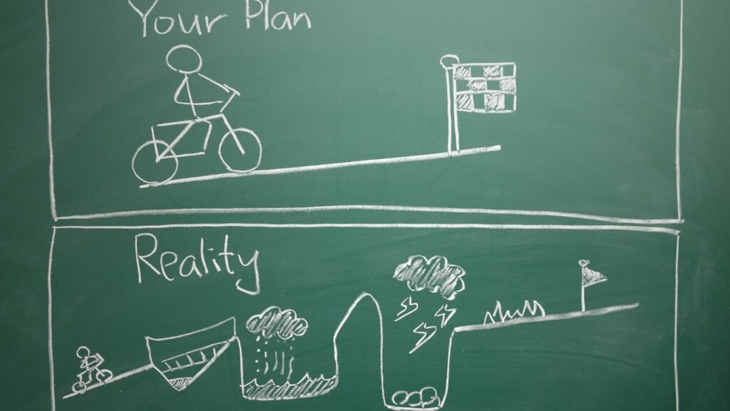 your plan vs reality on dark green chalkboard