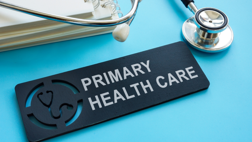 Primary health care sign with papers and stethoscope.