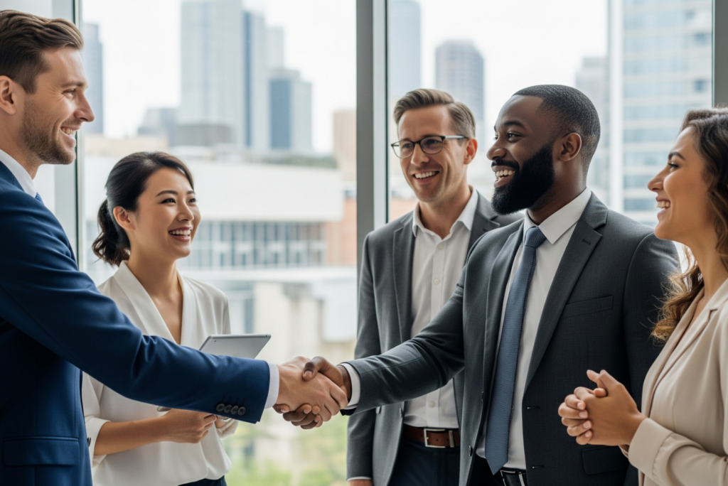 Business collaboration handshake, Partnership meeting and employee onboarding in office